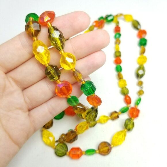 Vintage Long Beaded Single Strand Yellow Green Orange Plastic Necklace, 60s 70s - Picture 5 of 6